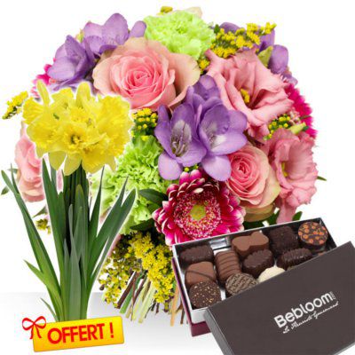 Bebloom : Bouquet Printemps accompagné d'une boîte de chocolats le Fleuriste Gourmand